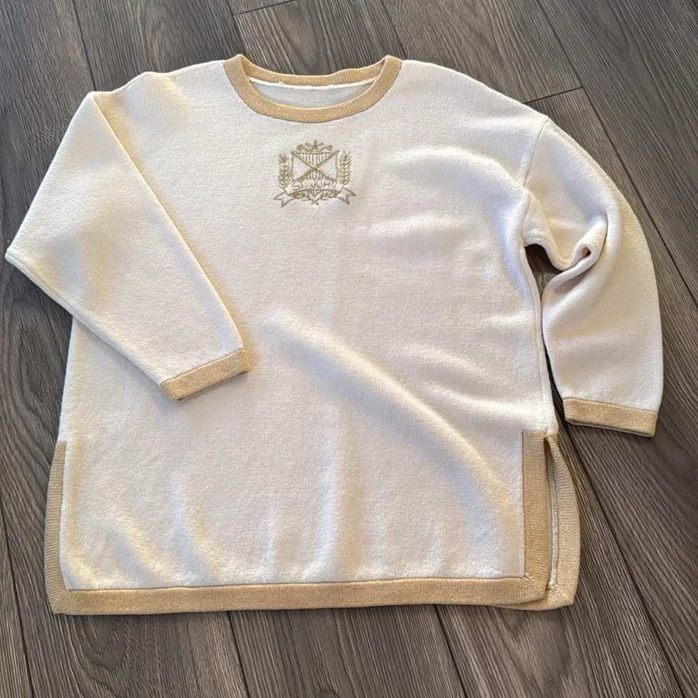 St John medium Santana Knit Sweater Cream Ivory with metallic gold crest